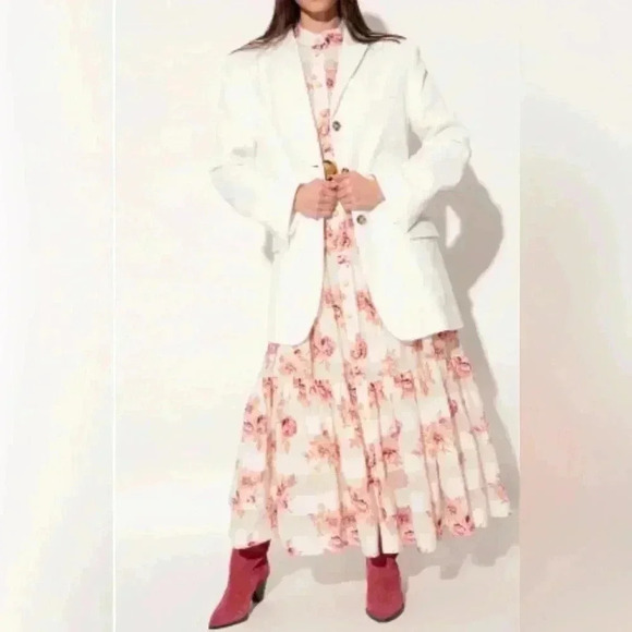 Zimmermann Rosa Midi Dress 2 US 8 M Silk Cotton Floral Stripe Tiered Belted Maxi - Picture 6 of 16